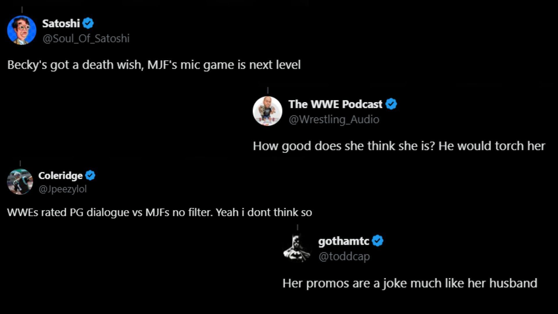 Fans react to Becky Lynch's statement on MJF. (Images via @WrestleOps' X)